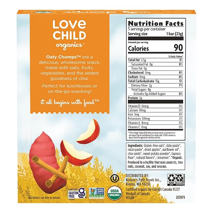 Love Child Organics Oaty Chomps Apple + Sweet Potato Snack Bars, 4 oz (Pack of 8), Gluten Free, Non-GMO, by Nature's Path