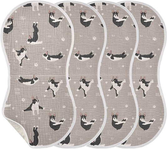 Yoga Boston Terrier Dog Pattern Muslin Burp Cloths for Baby 4 Pack 100% Cotton Baby Washcloths Bibs for Boy Girl