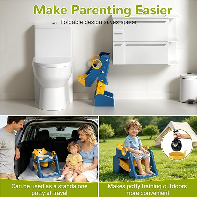 COOSEYA 2-in-1 Potty Training Seat & Potty Chair, Toddler Toilet Seat with Step Stool Ladder, Height Adjustable Foldable Potty Training Toilet for Kids Boys Girls with Splash Guard & Anti-Slip Steps