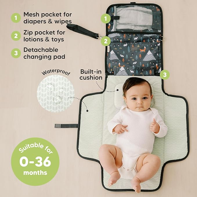 KeaBabies Portable Diaper Changing Pad, Travel, Car - Large Waterproof Baby Changing Mat, Wipeable, Padded, On The Go Travel Diaper Clutch Bag, Easy to Use Pockets for Newborn Essentials (Woods)