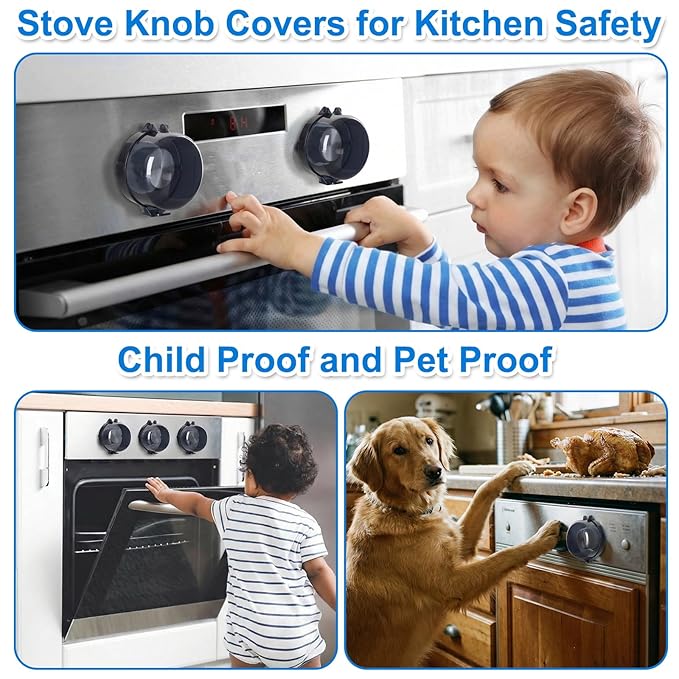 Stove Knob Covers for Child Safety – 5-Pack Heat-Resistant Oven Lock Knob Covers with Heat Alert Stickers, Baby and Pets Proofing Guards for Gas & Electric Stoves(Black)