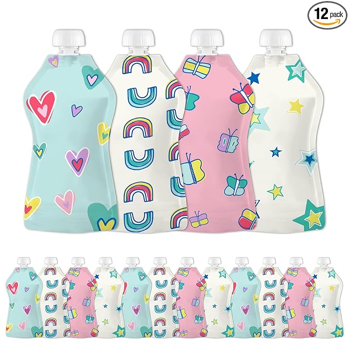 Squooshi Reusable Baby Food Pouches for Toddlers | BPA Free Plastic, Food Safe, Freezer Safe | Refillable for Applesauce Yogurt & Puree Squeeze Pouch | 12 Pack | 5 oz | Assorted Designs