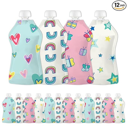 Squooshi Reusable Baby Food Pouches for Toddlers | BPA Free Plastic, Food Safe, Freezer Safe | Refillable for Applesauce Yogurt & Puree Squeeze Pouch | 12 Pack | 5 oz | Assorted Designs