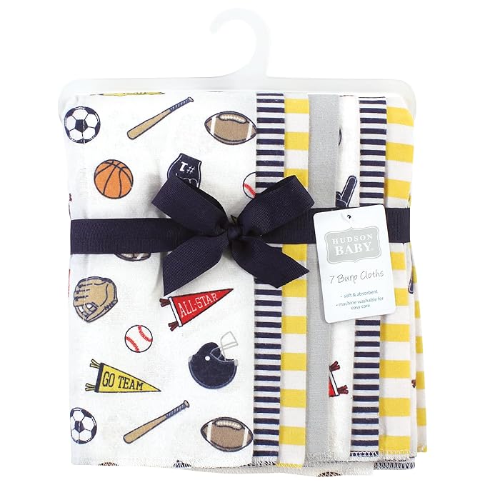 Hudson Baby Unisex Baby Cotton Flannel Burp Cloths, Sports Fan 7 Pack, One Size