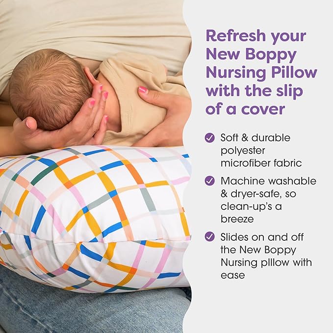 Boppy Nursing Pillow Cover, Rainbow Groovy Plaid, Single Cover, Easy-On Slipcover with Extra Soft 100% Polyester Microfiber Fabric for the Redesigned Boppy Nursing Pillow