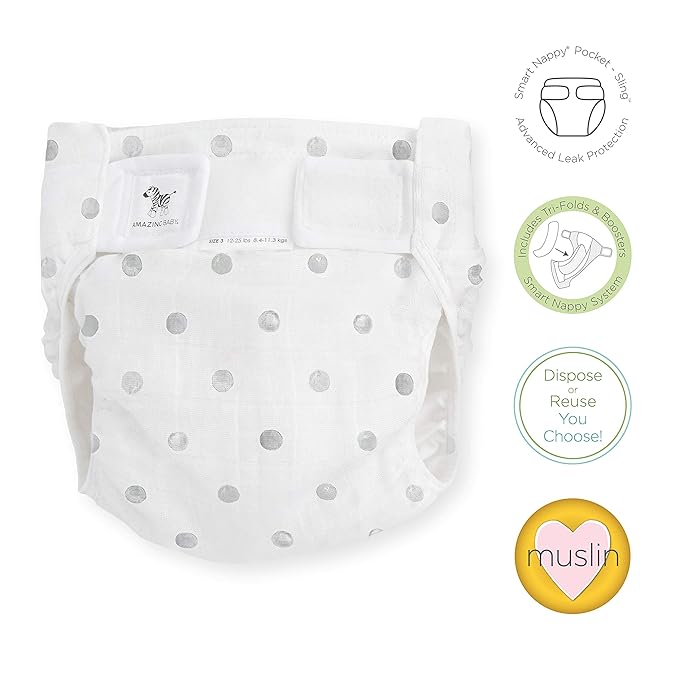 Amazing Baby Hybrid Cloth Diaper Cover with Pocket-Sling, Med, Sz 3 (12-25 lbs), Use with Boosties Inserts, Gray Watercolor Dots, SmartNappy Set Includes Muslin Cover + Tri-fold Insert + Booster Pad