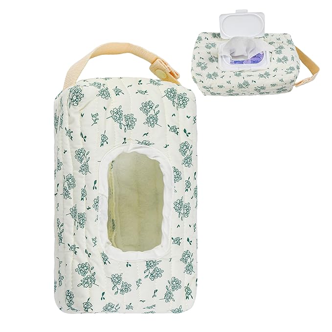 Quilted Baby Wipe Holder Floral Diaper Pouch Portable Quilted Wipes Bag for Car, Stroller