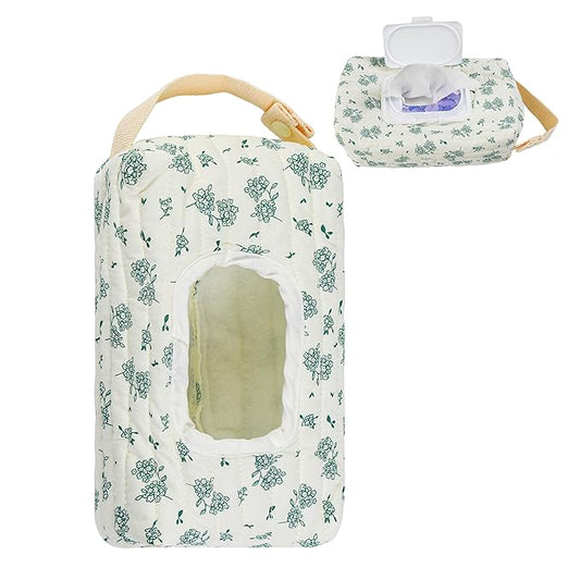 Quilted Baby Wipe Holder Floral Diaper Pouch Portable Quilted Wipes Bag for Car, Stroller