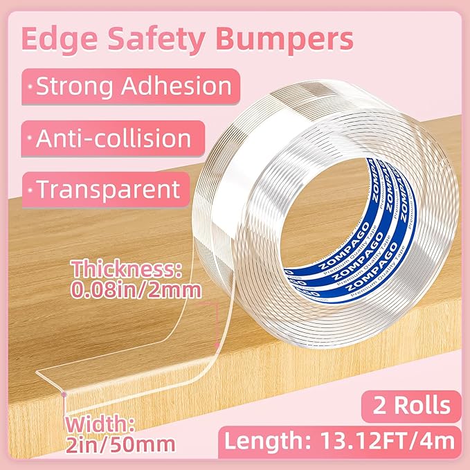 ZOMPAGO Clear Soft Corner Protectors for Baby Safety Furniture Strip 2 Rolls 2in x 13FT(L),Sharp Edge Table Corner Bumpers,Wall Corner Guards,Baby Proof Corner Protectors for Cabinet & Window Edge