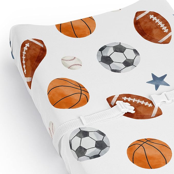 Sweet Jojo Designs Baby Changing Pad Cover Sheet (Sports Theme) for Boys, Infant/Newborn Diaper Change Table Mat Covers (Watercolor, Vintage Sport Themed, Soccer Balls, Football, Baseball, Basketball)