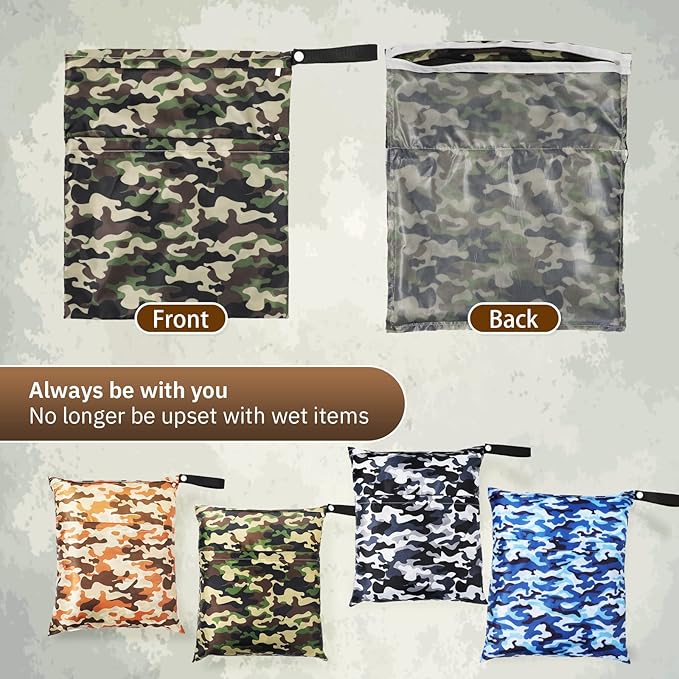 Frienda 4 Pieces Cloth Diaper Wet Dry Bag, Waterproof Reusable Washable Bag for Baby Items and Travel Zippered Pockets with Handle, Beach, Swimsuit, Dirty Gym Clothes and Toiletries(Camouflage)