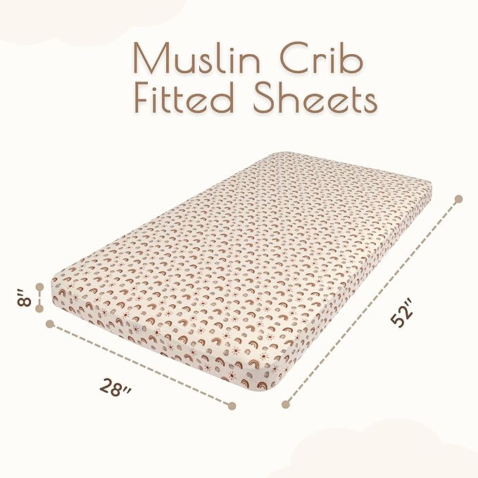 Muslin Cotton Crib Sheets for Boys and Girls, 2 Pack 52"x28" Fitted Baby Crib Sheet for Girl Boy, Soft Baby and Toddler Bed Sheets, Mattress Cover Muslin Cribs Sheet Set Nursery Gift Neutral Rainbow