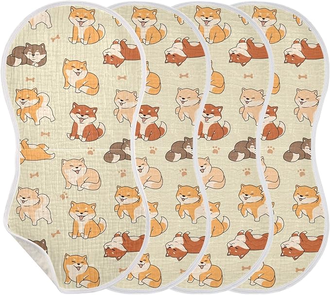 Lovely Shiba Inu Dog Muslin Burp Cloths for Baby 4 Pack Soft 100% Cotton Baby Washcloths Bibs for Boy Girl