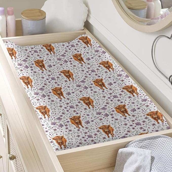 Highland Cow Flowers Floral Leaves Pattern Baby Changing Pad Cover, Unisex Western Farm Animals Nursery Diaper Changing Table Pad Mat Sheet for Boys Girls-16x32