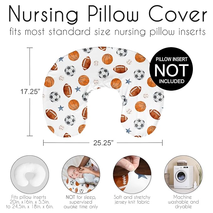 Sweet Jojo Designs Sports Theme Boy Nursing Pillow Cover Baby Breastfeeding Slipcover Infant Newborn Nursery Bottle Breast Feeding Pillowcase Pillow NOT Included Watercolor Vintage Sport Themed Stars