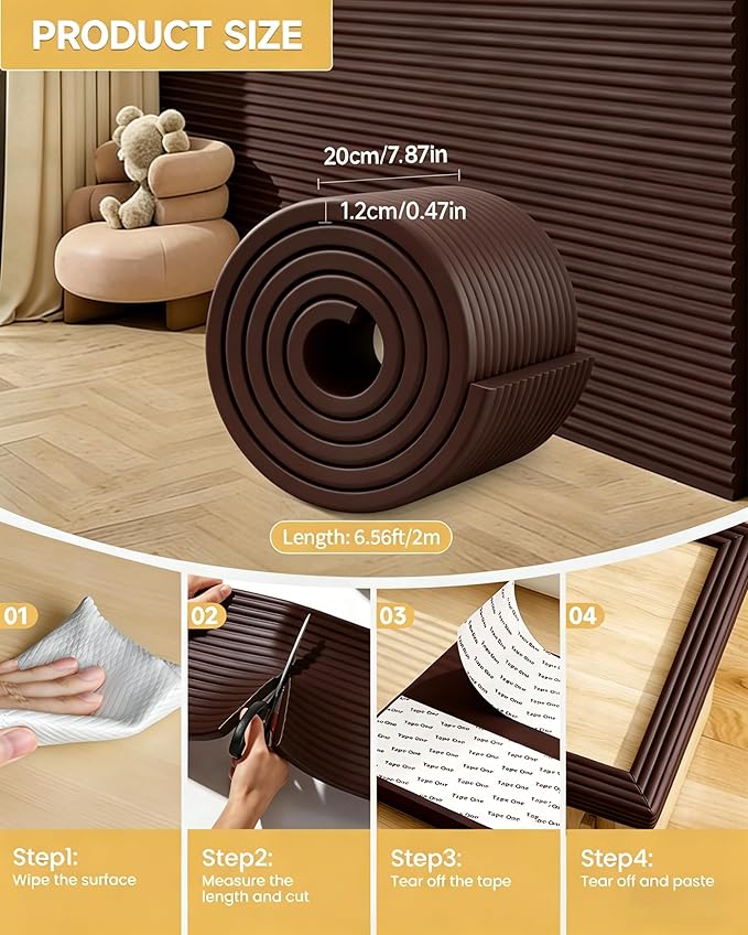 7.9''W Extra-Wide Edge Protector, 6.56FT 0.47''Th Baby Proofing Corner Guards, Safety Furniture Bumper, Pre-Taped, Thick Soft Rubber Foam Padding for Fireplace Table Stair Cabinet (Dark Coffee)