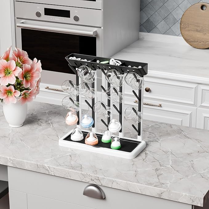 Yieach Larger Baby Bottles Drying Rack for 20 Bottles,Space Saving Feeding Drying Rack for Baby Bottles for Countertop,Vertical Baby Bottle Holder & Storage Station for Pacifiers,Breast Pump,Black