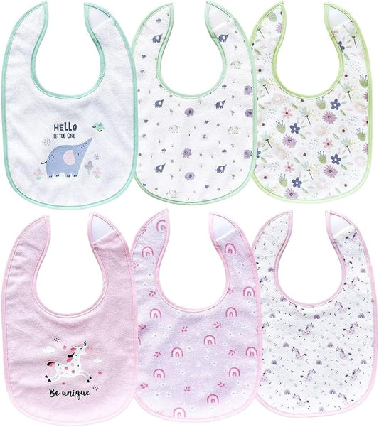 PUPPET 6 Pack Baby Teething Bibs for Girls Hook Loop Closure for Drooling Feeding Eating, 6-12 Months
