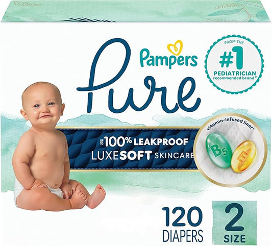 Pampers Pure Baby Diapers, Size 2 (12-18 lbs), 120, Up to 100% Leakproof, Premium Hypoallergenic Soft Diapers