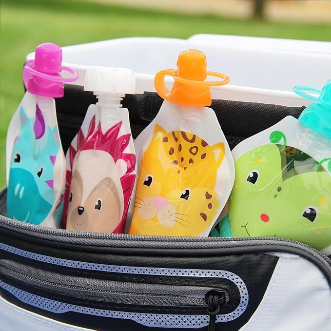 ChooMee SoftSip Food Pouch Tops + Reusable Baby Food Pouches, Fill with Baby food, Applesauce and Purees | Wide Double Zipper Bottom, BPA Free | 4 CT 5oz + 2 SoftSip