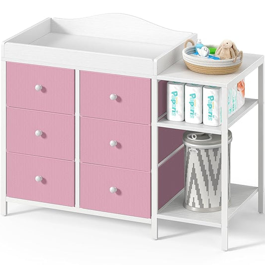 BOLUO Baby Dresser with Changing Table Top, Changing Table Dresser with 6 Fabric Drawers Diaper Changing Station with Storage Shelf for Nursery Modern