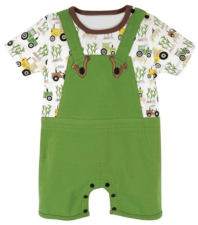 Stephan Baby Romper/Overall-Style Down on The Farm Tractor Diaper Cover, Green/White/Yellow, 6-12 Months
