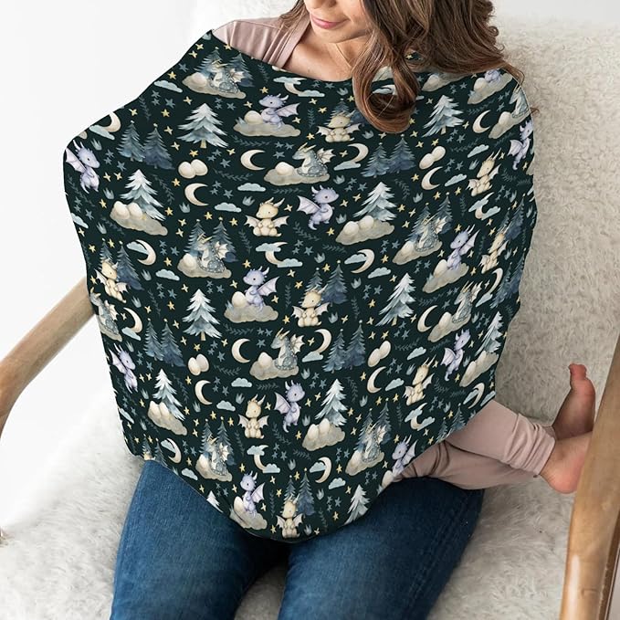 Fairytale Dragons Car Seat Cover for Babies Cute Dragon Moon Stars Clouds Trees Eggs Stretchy 5-in-1 Cover Adjustable Car Canopy Breastfeeding Cover Fantasy Animal Breathable Nursing Cover-Up