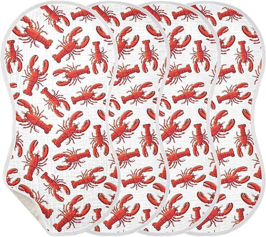 Muslin Burp Cloths for Baby Boys and Girls - 4-Pack Ultra Absorbent Lobsters Muslin Washcloths, Newborn Towel, Milk Spit Up Rags, Burp Cloth Bib for Unisex, 22 x 11 Inch