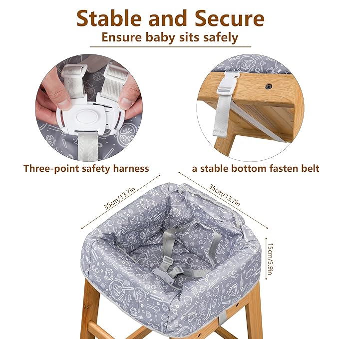 High Chair Cover for Baby Restaurant with Safety Harness Stain and Slip Resistant Waterproof Portable for Outdoor Indoor Eating Grey