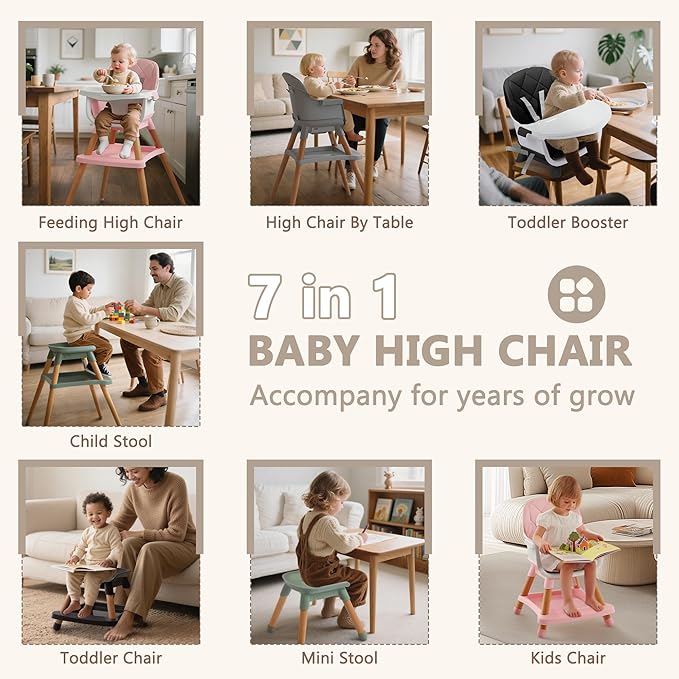 Kinder King 7 in 1 Baby High Chair for Babies and Toddlers with Large Storage Footrest, Booster Seat, Convertible Wooden High Chair with 3-Depth Double Dishwasher Safe Tray, 5 Point Harness, Green