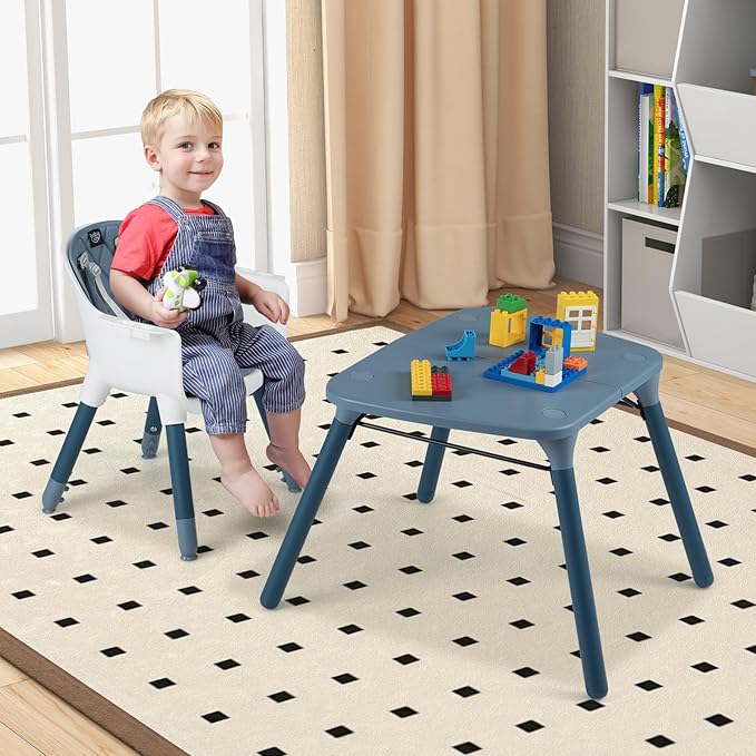 BABY JOY High Chair, 5 in 1 Convertible Highchair for Babies & Toddlers | Booster Seat | Table and Chair Set | Infant Feeding Chair with Removable Tray, Safety Harness, Removable Cushion (Blue)