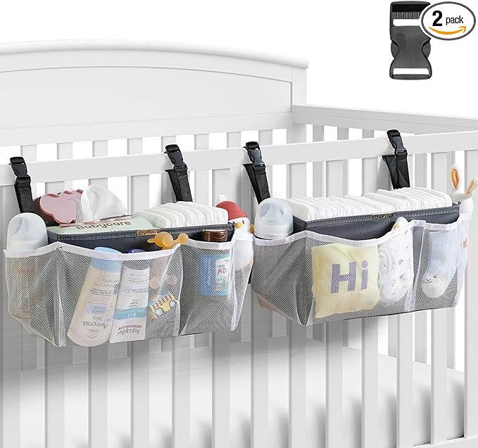 Diaper Caddy Organizer for Crib, 2-Pack Hanging Diaper Stacker Nursery Storage Bags - Large Capacity for Baby Essentials - Hold 50+ Diapers，Made of Washable Durable Oxford Fabric（Snap Buckle）