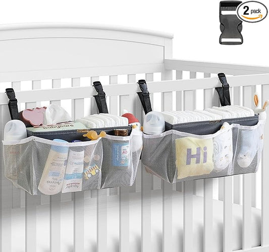 Diaper Caddy Organizer for Crib, 2-Pack Hanging Diaper Stacker Nursery Storage Bags - Large Capacity for Baby Essentials - Hold 50+ Diapers，Made of Washable Durable Oxford Fabric（Snap Buckle）