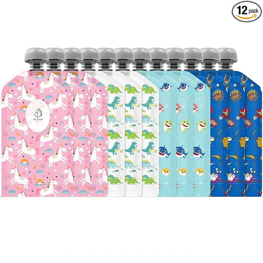 BUZIO Reusable Food Pouches, 12 Packs 5oz Toddlers Food Storage Pouch, Double Zipper Squeeze Pouches Freezer Safe for Kids DIY Homemade Organic Puree