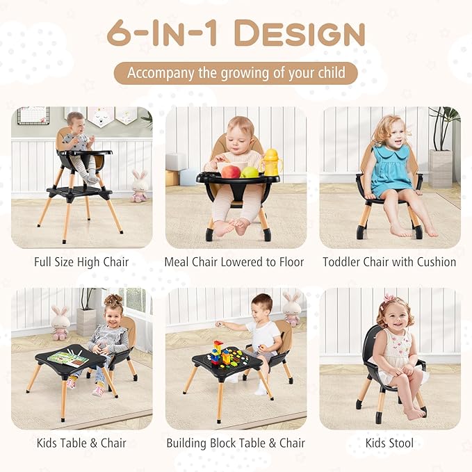 HONEY JOY Baby High Chair, 6-in-1 Convertible Wooden Highchair for Babies and Toddlers/Table Set/Toddler Chair with Safety Harness, 4-Position Removable Feeding Tray (Coffee)