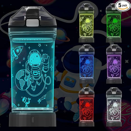 Attivolife Kids Water Bottle Light up Astronaut, Space Cup 3D Illusion Glowing Lamp-14 OZ Dino BPA Free Eco-Friendly Timer Function, Cool Unique Gifts for Boy Girl Toddler Camping Back to School