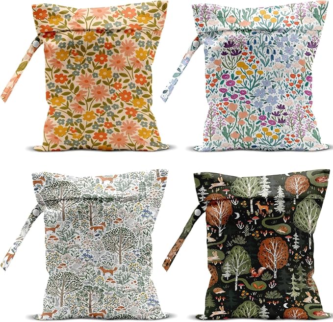 4 Pack Cute Wet Bag Waterproof Washable Reusable Wet Dry Bag for Swimsuit Dirty Clothes Diaper Travel Beach Pool Gym Birthday Bachelorette Party Toiletries Beach Essentials,Forest Fox Flower