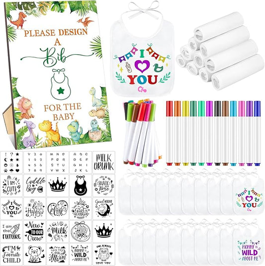 Panitay 100 Pcs DIY Baby Bibs Decorating Kit 50 White Bibs 25 Stencils 24 Markers 1 Baby Shower Game Sign