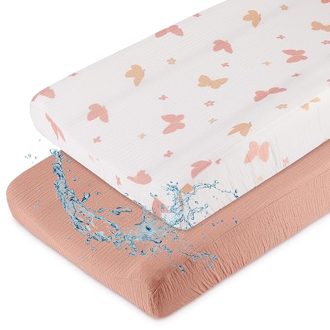 Basumee Muslin Changing Pad Cover Waterproof 2 Pack Baby Changing Table Covers for Boys and Girls Soft Breathable Nursery Diaper Change Table Cover Pad Fits 32"x16", Pink Butterfly