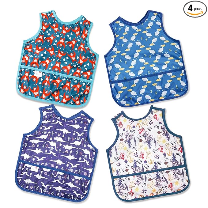 Joyo roy Mess Proof Baby Bibs for Eating Waterproof Toddler Bibs 1-3 Years Soft Machine Washable Sleeveless Baby Smock Bib for Boys Travel Reusable Led Weaning Apron for Feeding Bib with Food Catcher