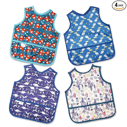 Joyo roy Mess Proof Baby Bibs for Eating Waterproof Toddler Bibs 1-3 Years Soft Machine Washable Sleeveless Baby Smock Bib for Boys Travel Reusable Led Weaning Apron for Feeding Bib with Food Catcher