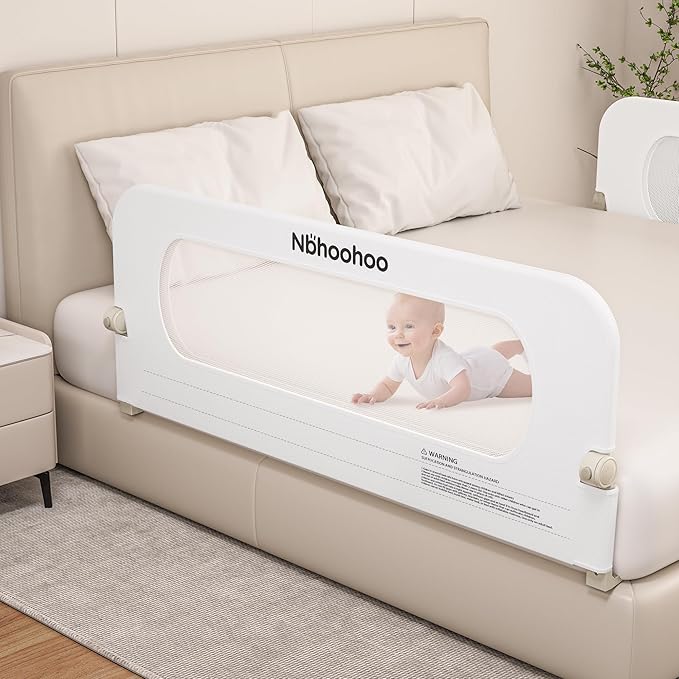Bed Rail for Toddlers – Foldable Baby Bed Rail, Swing Down Bed Rail Guard with Double Crossbar, Gap-Free Anti-Pinch Design for Queen & King Size Beds, Quick No-Tool Install (Pure White, 47 inch)