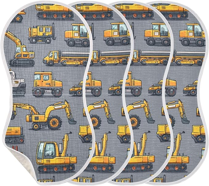 Construction Excavator Trucks Burp Cloths Baby Boys Girls Absorbent Soft Cotton Burping Cloths Rags, 4 Pack