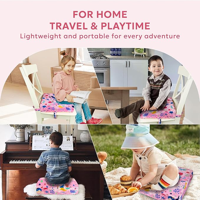 Toddler Booster Seat for Dining Table & Kitchen Chairs - Premium Foam with Non-Slip Bottom & Double Adjustable Straps, Safety Certified, Portable Travel &Easy to Clean (Pink-Mermaid)