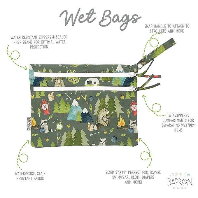 BapronBaby Camping Bears Wet Dry Bag - Waterproof Two Zipper Pockets - Reusable for Mealtime, Diapers, Stroller, Snacks, Swimsuits - Machine Washable - 11" x 9"