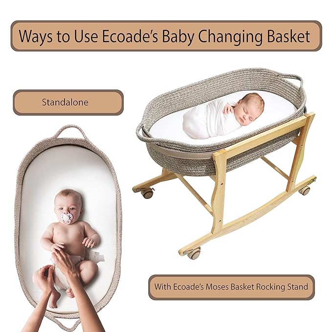 Baby Changing Basket - Moses Basket Changing Table Topper and Thick Foam Pad with Removable Cotton Mattress Cover, 100% Cotton Boho Nursery Decor with Storage Bag