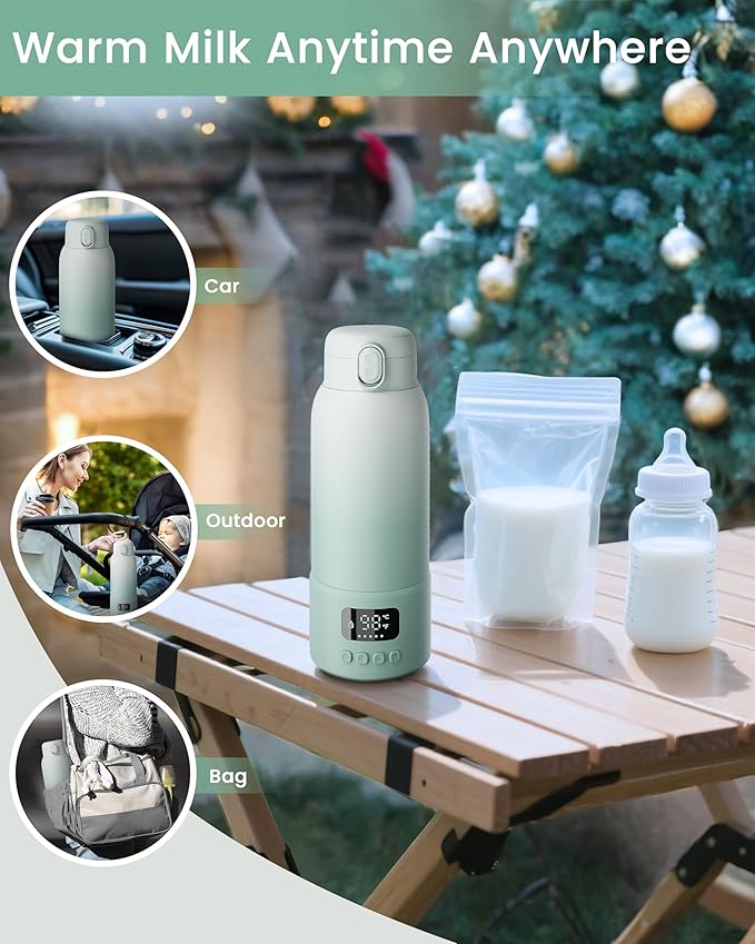 Portable Bottle Warmer Extended Battery Life - Dual Heating Modes for Breast Milk & Water, 17 Ounces, Fast Heating, Ideal for Travel, Outdoor, Baby Shower, Green