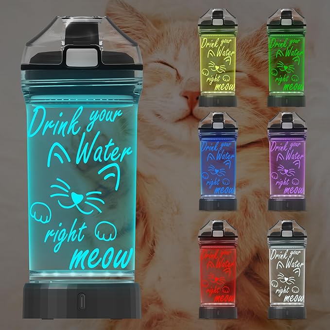 Attivolife Cute Cat Water Bottle with 3D Illusion Glowing LED Light, Travel Drinking Cup 7 Color Changing 14 OZ Tritan BPA Free, Creative Gift for Kid Boy Girl School Holiday Camping Picnic