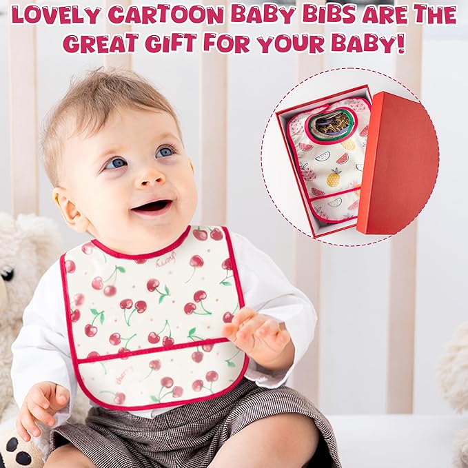 6Pcs Baby Bibs for Eating Toddler Feeding Bibs with Crumb Catcher Pocket Fruit Adjustable Sleeveless Teething Plastic Food Bib Set Waterproof Infant Keepsake Gift for Baby Shower, 6-24 Months