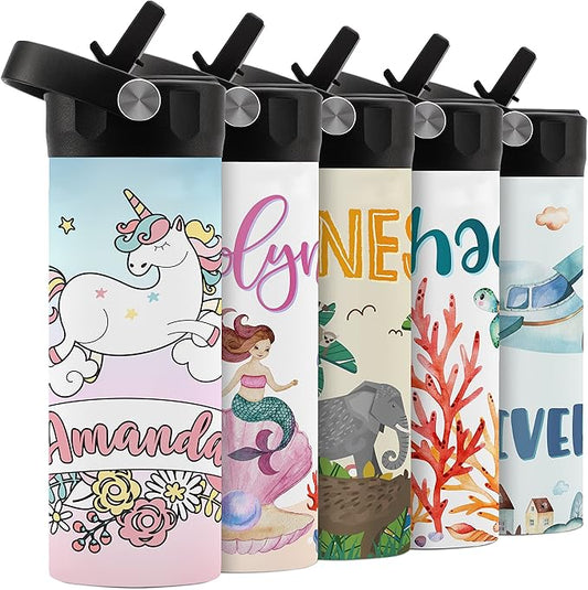 Personalized Kids Water Bottle with Straw Lid - 14 oz - 11 Wraparound Designs, Custom Water Bottle for Children - Unicorn Gifts for Girls, Teens - BPA FREE, Double-Wall Insulation - Unicorns